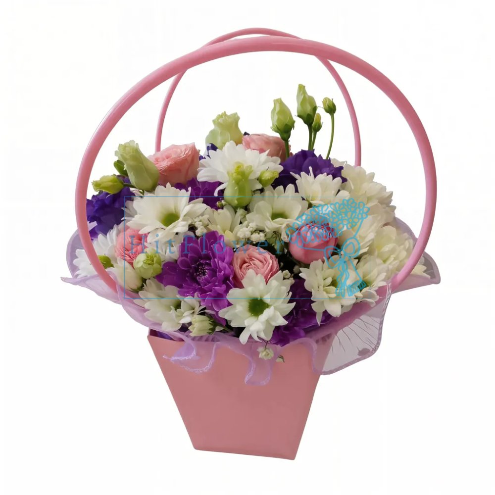 Цветочная композиция из Розы, Хризантемы и Лизиантусы